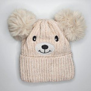 Beige Kids Teddy Bear Sherpa Lined Soft Knit Pom Pom Beanie Winter Hat